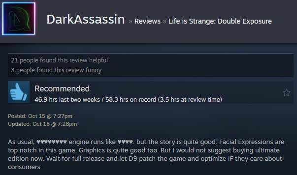 Screenshot showing a Steam review for Life is Strange: Double Exposure.